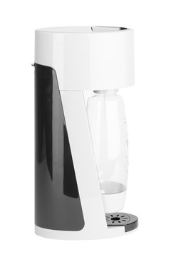 Soda sifon or Seltzer bottle. White and black plastic.  Side view. Isolated on white background.