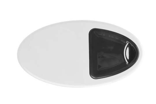 Soda sifon or Seltzer bottle. White and vlack plastic.  Top view. Isolated on white background.