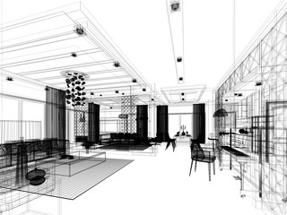 sketch design of living ,3dwire frame render