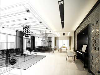 sketch design of living ,3dwire frame render