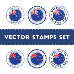New Zealander flag rubber stamps set. National flags grunge stamps. Country round badges collection.