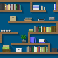 The maze of bookshelves in an interior room on the blue wall