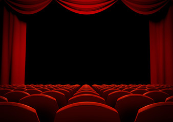 Fototapeta premium Theater stage with red curtains and seats
