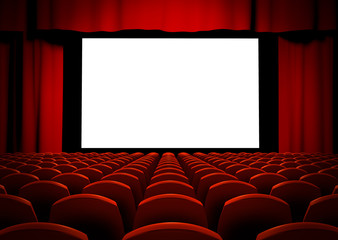 Fototapeta premium Cinema screen with red curtains and seats