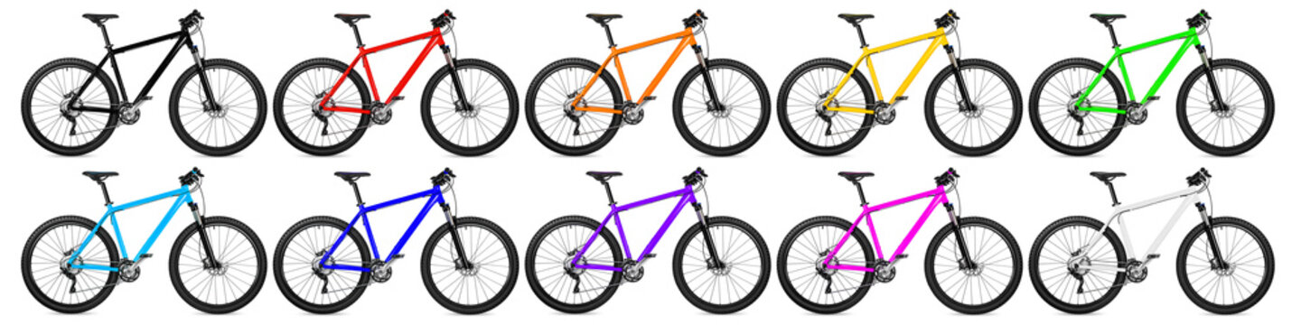 Fototapeta set of new mountain bikes bicycle isolated on white background / Neues mountainbikes Fahrrad in vielen Farben isoliert auf weißem Hintergrund