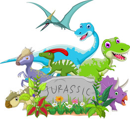 funny dinosaur cartoon with forest landscape background