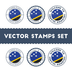 Solomon Islander flag rubber stamps set. National flags grunge stamps. Country round badges collection.