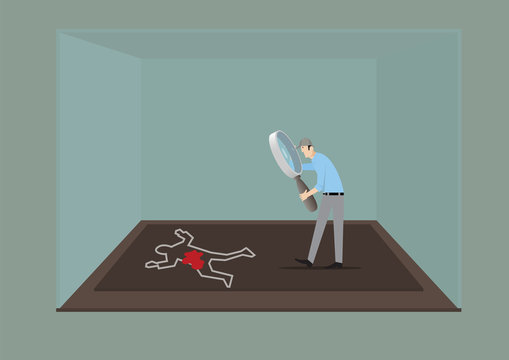 Escape Room Game Concept. Man With Magnifying Glass Investigating The Crime Scene.