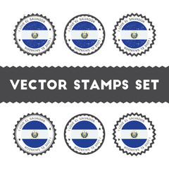 I Love El Salvador vector stamps set. Retro patriotic country flag badges. National flags vintage round signs.