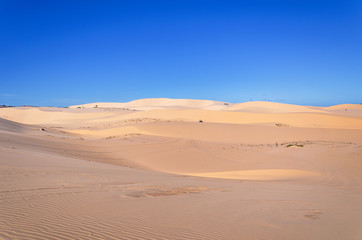 Fototapeta na wymiar Landscape White sand dune with car tracks in Mui Ne, Vietnam Pop