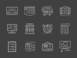 Cardiology center white flat line vector icons