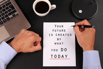 Inspiration motivation quotation your future is created by what you do today on work desk. Success, Self development concept © dream@do