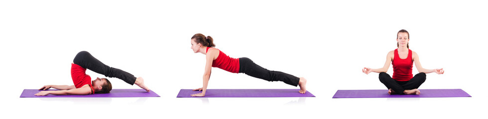 Young female doing exercises on white