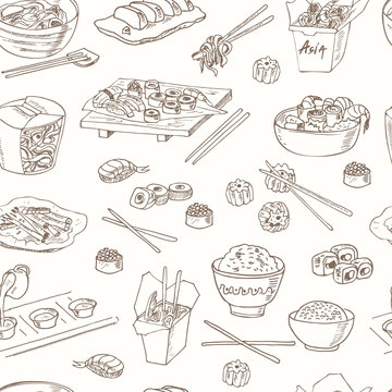 Asian Food. Decorative Chinese Food Icons Seamless Pattern.