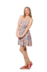 Blondie caucasian girl in summer light dress isolated on white