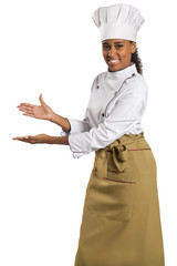 A chef with her empty hands for holding your products