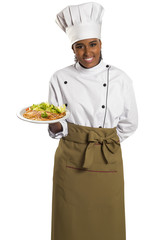 Female Chef With Tray Of Food In Hand..