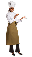 A chef with her empty hands for holding your products