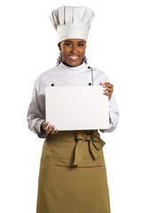 Chef. Woman cook showing empty menu chalkboard with copy space.