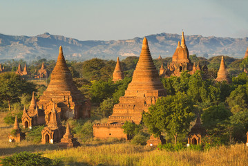 group of ancient pagodas at the scenic sunrise at bagan myanmar