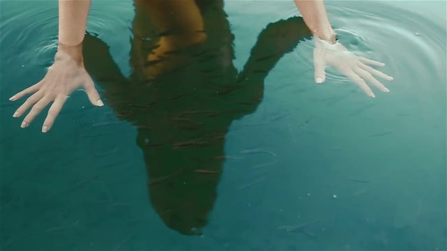 Close up of hands moving over fish in water