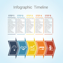 Timeline Infographic colored horizontal arrows numbered for five position