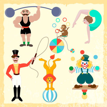 Seth circus theme. Clown, athlete, gymnast, trainer, lion and mo