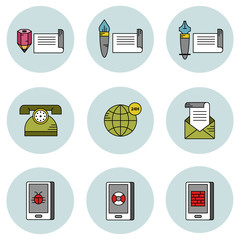Business communication and office supplies vector icon set
