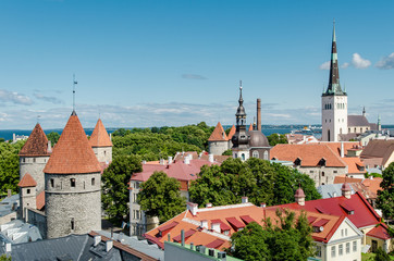 The center of Tallinn, the old city, view of the Church of St. Olaf and Orthodox Church of Estonia
