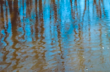 Photography blur tree reflection on water. Natural background.