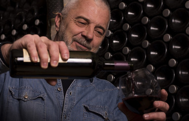 Senior winemaker tasting a glass of red wine in his traditional cellar surrounded by wooden barrels