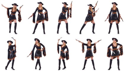 Woman pirate in various poses on white