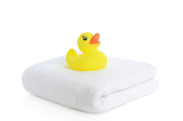 Bath accessories. Bath towels and Yellow rubber duckies