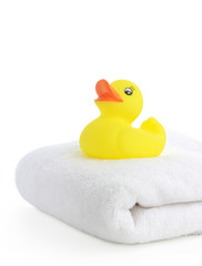Bath accessories. Bath towels and Yellow rubber duckies
