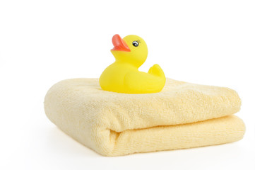 Bath accessories. Bath towels and Yellow rubber duckies