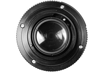 Old film DSLR lens. Metal bayonet, screw and pin aperture. Close up view. Macro. Vintage photo...