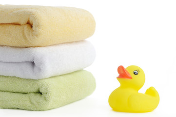 Bath accessories. Bath towels and Yellow rubber duckies