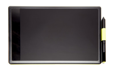 Top view of modern graphic tablet isolated on white background