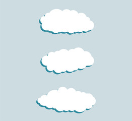 Set of blue sky, clouds. Cloud icon, cloud shape. Set of different clouds. Collection of cloud icon, shape, label, symbol. Graphic element vector. Vector design element for logo, web and print