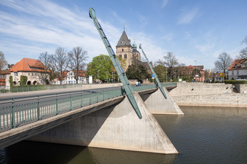 river scene historic city hameln germany