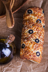 Hungarian a round loaf with olives and cheese