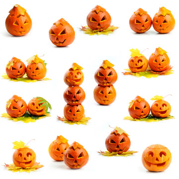 Set of orange halloween pumpkins Jack O Lanterns