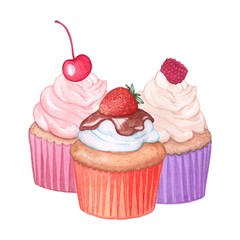 Three cupcake: cherry, strawberry, raspberry. Watercolor drawing