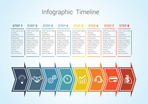Timeline Infographic colored horizontal arrows numbered for eigh