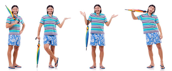 Positive man with colorful umbrella isolated on white © Elnur