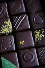 Chocolate candy with pistachio marzipan 