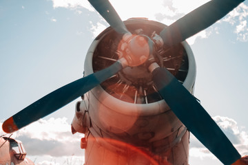 Plane propeller bottom up view. Outdoors photo.