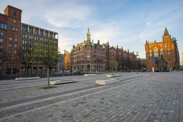 Fototapeta premium The old Speicherstadt in Hamburg, Germany, at evening.