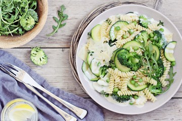 Pasta with broccoli,zucchini and green pea.Selective focus 