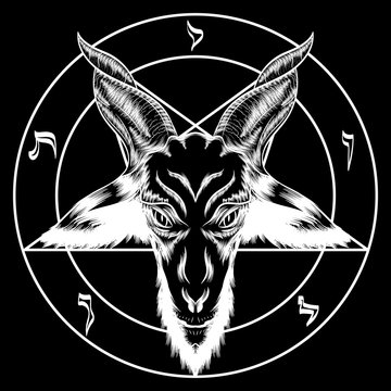 Pentagram with Baphomet. Binary satanic symbol. For tattoos, biker black metal themes. Black and white. Inverted to negative. You can turn off the pentagram. Handmade illustration. Vector.